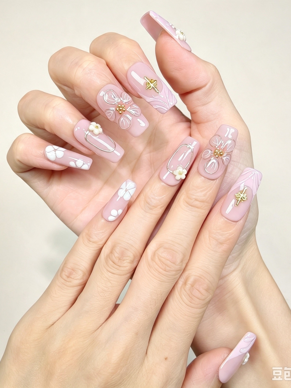 Baby Pink Long Coffin Press On Nails With 3D White Flowers & Gold Cross Charms